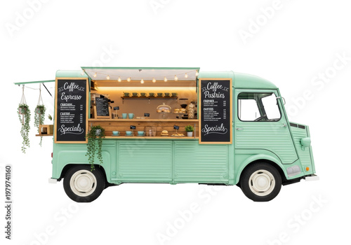Mint green vintage Citroën Type H style food truck, open window revealing warm interior with string lights, pastries, artisanal coffee cups, chalkboards, on a bright white studio background, charming