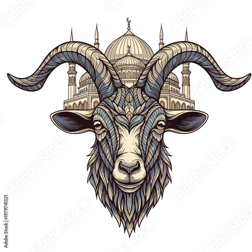 Tableau sur toile Goat head with large curved horns.