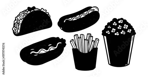 Black and white food illustrations isolated on black background