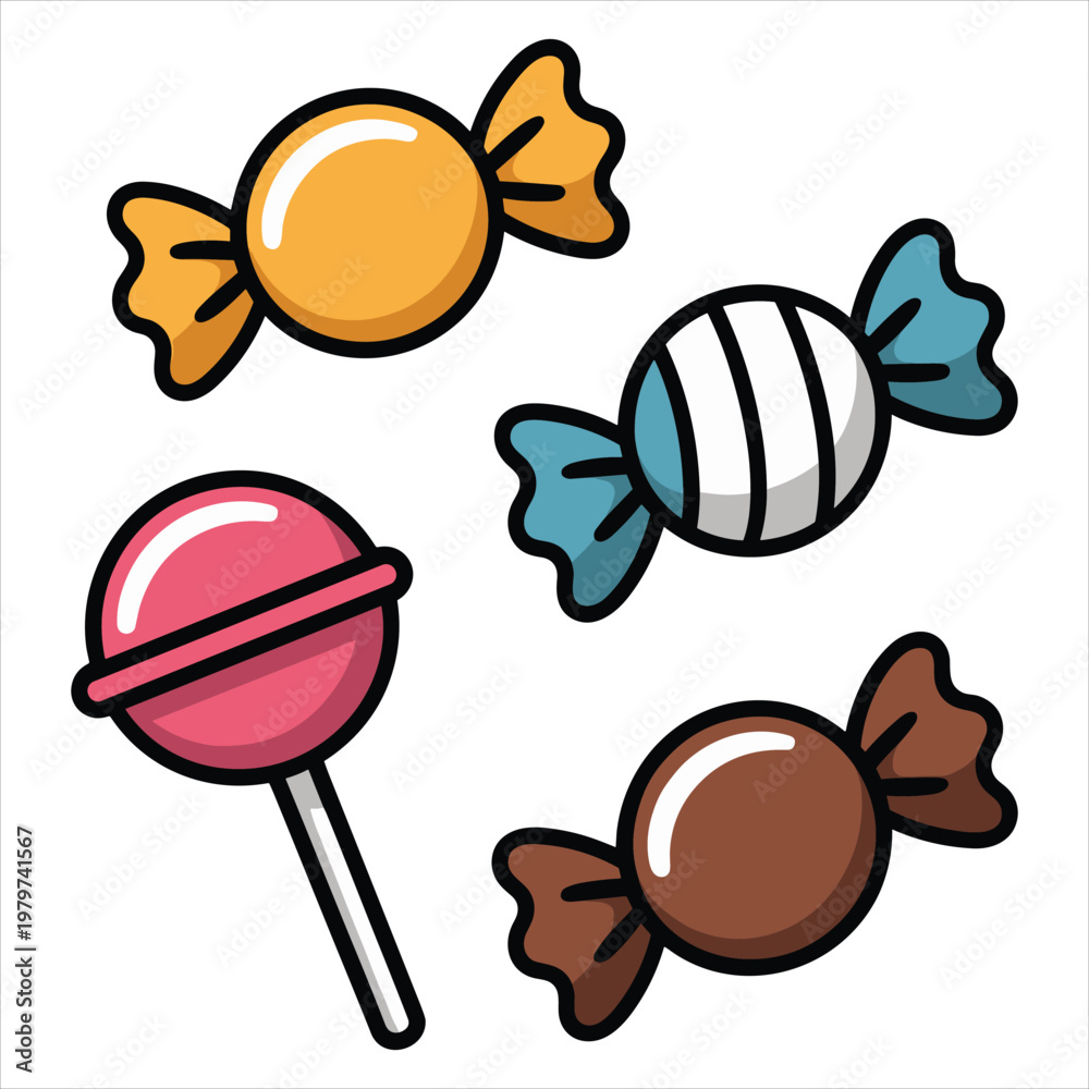 Fototapeta premium Set of colorful wrapped candies and a pink lollipop