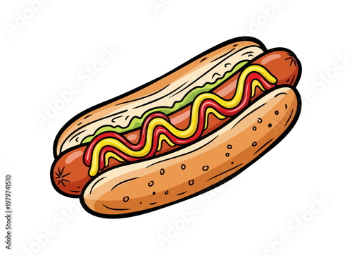 Cartoon hot dog illustration with mustard and relish