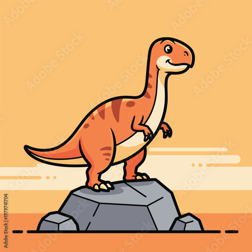 Cartoon dinosaur standing on rock formation.
