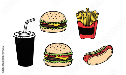 Fast food icons set with hamburger fries hotdog and drink on black background