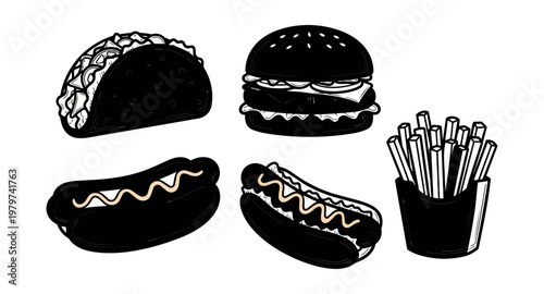 Fast food icons black and white isolated on dark background