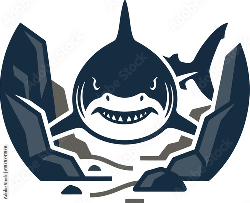 Intimidating shark emerging from a rocky underwater cave vector can Editable