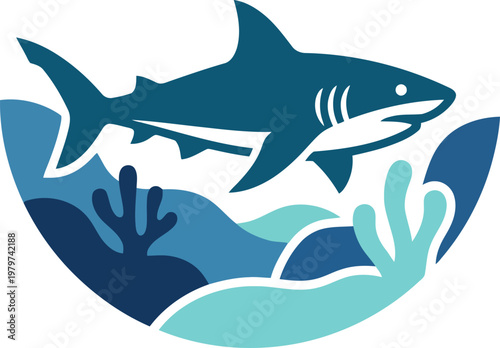 Marine life graphic featuring shark and coral in circular frame vector can Editable
