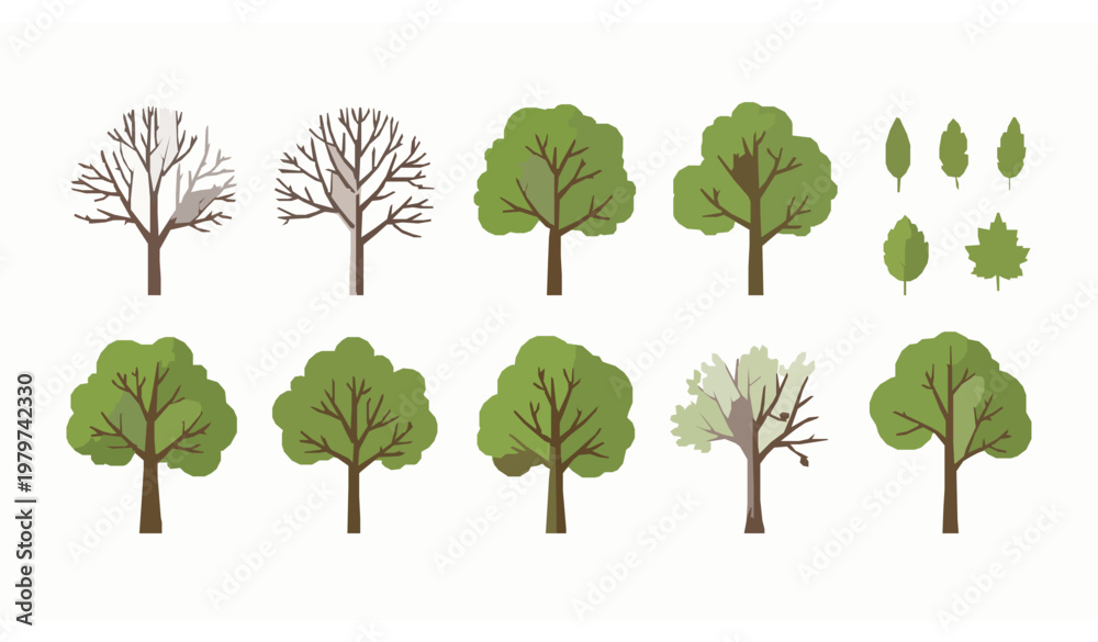 Fototapeta premium Hand Drawn Tree and Leaf Vector Set with Bare and Lush Green Botanical Elements