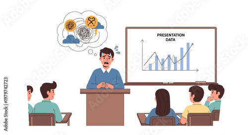 Public speaking anxiety and fear of failure illustrated with a nervous presenter facing a challenging audience and data chart