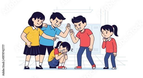 Children being bullied at school, showing sadness and fear, a depiction of schoolyard bullying and peer harassment
