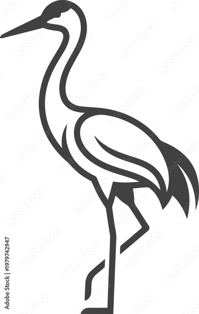 Fototapeta premium Stately crane silhouette standing in profile view vector can Editable