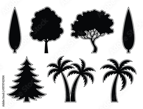 Collection of Black Silhouette Trees: Cypress, Deciduous, Pine, and Palm