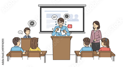 Presentation anxiety a speaker nervously delivers a speech in front of a classroom audience, feeling overwhelmed and stressed with visual aids