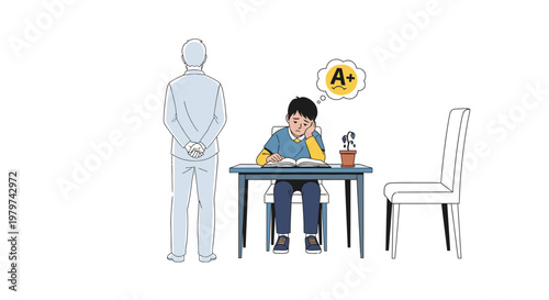 Student receiving an A+ grade on exam results after hard study, sitting at desk with teacher observing