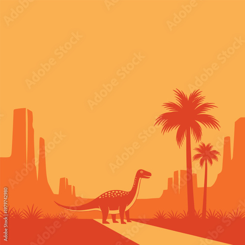 Dinosaur Walking on Desert Road.