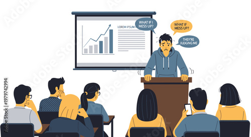 Nervous Man Giving Presentation to Audience, Anxiety and Public Speaking Stress
