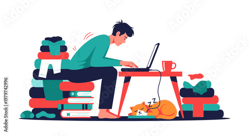 Man working remotely on laptop amidst messy workspace with piles of clothes and books, cat sleeping under desk