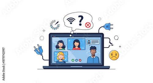 Remote work meeting disrupted by technical issues Laptop shows internet connection problems, disconnected cables, buffering, causing communication frustration