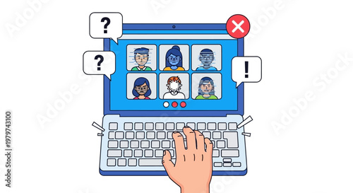 Video conference call with confused and alerted participants, communication issues and technical difficulties on a laptop screen