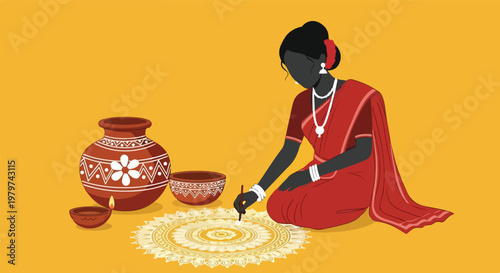 Indian woman in red saree creating a traditional rangoli design on the floor with pots and a lit diya nearby, celebrating a festival.