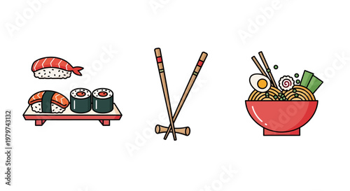 Sushi and chopsticks with noodles bowl.