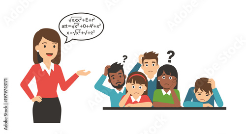 A confused group of students struggling to understand complex mathematical equations presented by their teacher