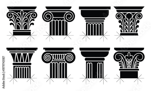 Collection of Classical Architectural Column Capitals and Entablatures