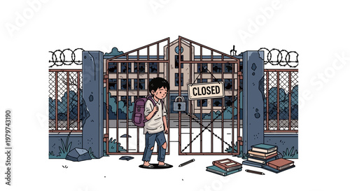 Solemn child with backpack faces a 'CLOSED' school gate, powerfully illustrating the profound impact of educational closures and the silent longing for knowledge in difficult times