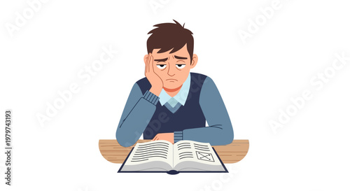 Frustrated young man looking exhausted while studying at a desk with an open book, illustrating boredom and lack of motivation