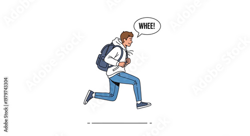 Excited young person with backpack running and shouting 'Whee!' in a joyful and energetic depiction of carefree movement and fun