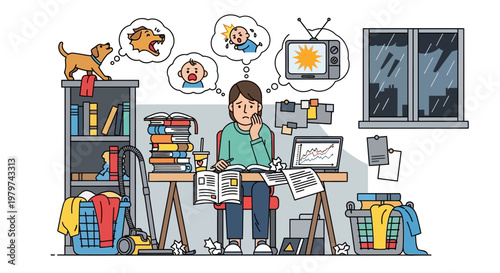 Concept illustration of an overwhelmed person battling work, a messy home, and multiple distractions, symbolizing the struggle with modern life's demands and potential burnout