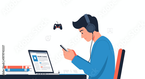 Young person engaged in digital lifestyle, multitasking with a laptop and smartphone, balancing studying and entertainment in a modern digital workspace