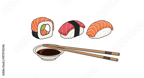 Sushi rolls with soy sauce bowl.