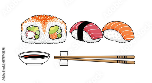 Sushi rolls with chopsticks and soy.