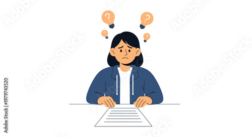 Confused Woman with Question Marks Above Her Head, Symbolizing Uncertainty and Doubt