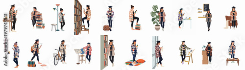 Collection of illustrations featuring a young female graduate using a smartphone in various daily settings like home, library, and outdoors.