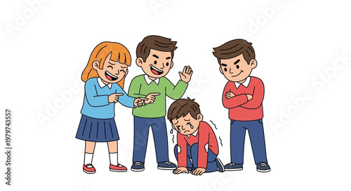 Illustration of children bullying a classmate who is crying on the ground, depicting the negative impact of peer aggression and social exclusion in schools