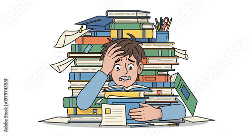 Overwhelmed Student Drowning in Books A Visual Representation of Academic Stress and Excessive Workload Leading to Burnout and Pressure During Intensive Study Sessions