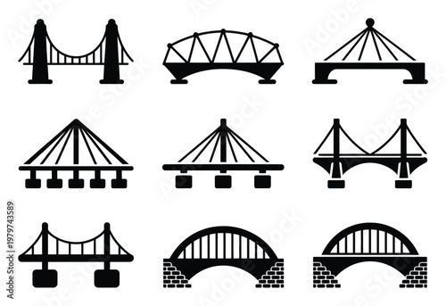 Collection of Diverse Bridge Silhouettes: Suspension, Arch, and Cable-Stayed