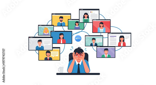 Overwhelmed employee stressed by constant virtual meetings and online communication overload