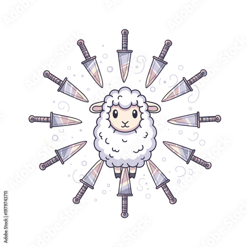 Sheep Surrounded by Sharp Knives Closeup.