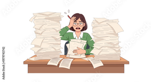Overwhelmed woman at desk buried under stacks of paperwork, stressed and frustrated with workload