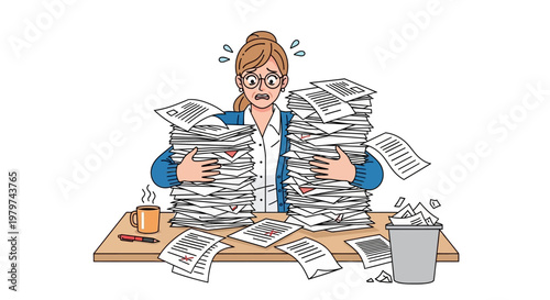 Overwhelmed Office Worker Drowning in Paperwork and Stress, Cartoon Illustration
