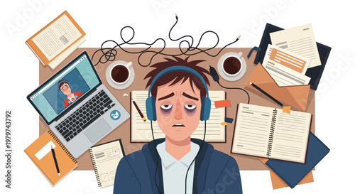 Overwhelmed student with headphones and laptop, struggling with studies and sleep deprivation