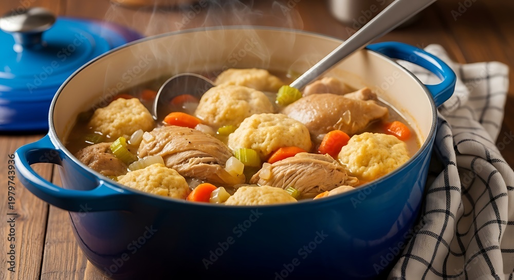 Fototapeta premium Delicious Chicken and Dumplings Stew in a Blue Pot.