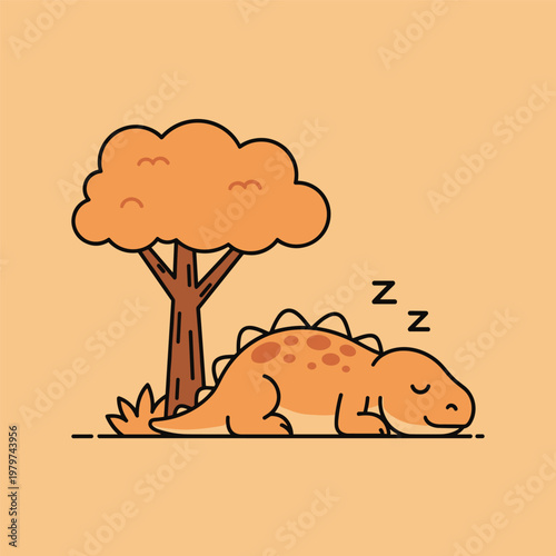 Sleeping cartoon dinosaur under tree.