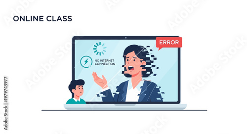 Illustration of a frustrated woman and a worried boy attending an online class with a 'no internet connection' error message displayed on the laptop screen