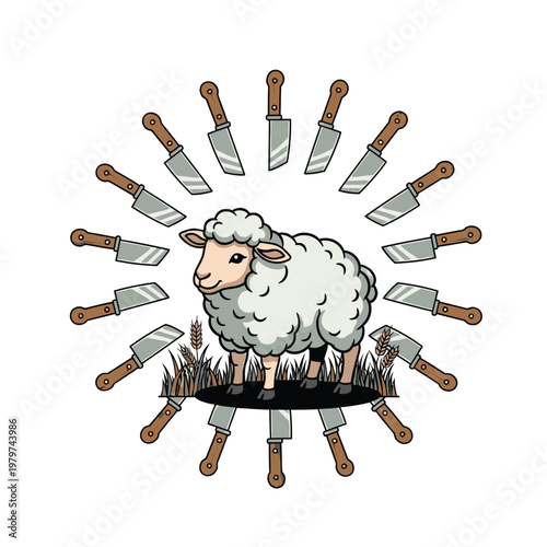 Sheep Surrounded by Meat Knives Illustration.