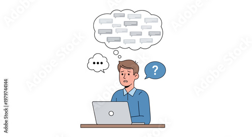 Confused person contemplating a stream of chat bubbles and a question mark above their head while looking at a laptop screen, illustrating digital communication overload and uncertainty