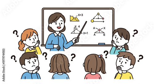 Students looking confused during a math lesson with their teacher pointing at a geometric diagram on a whiteboard