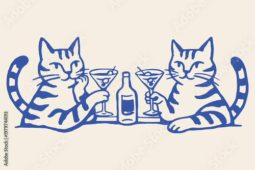 Cats with martini cocktails naive doodle vector illustration